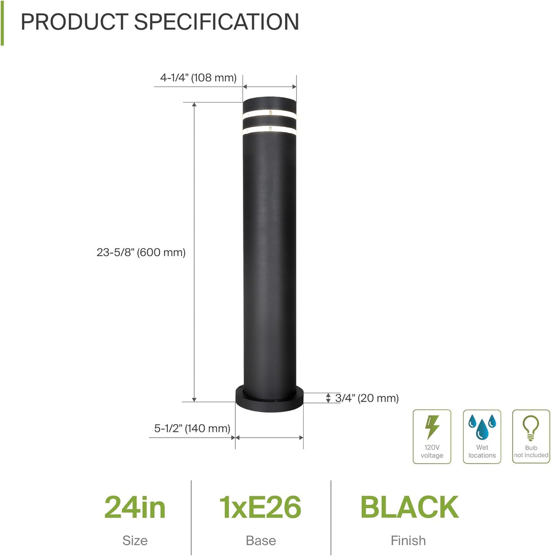 Outdoor Landscape Lighting LED 12V Low Voltage BPLA09 24" 120V Line Voltage E26 Socket Black Aluminum Round Bollard Path Light Outdoor Lighting