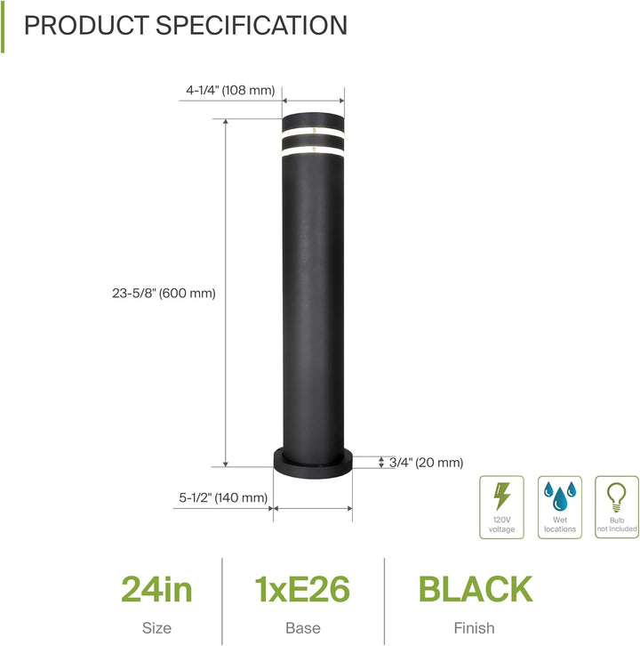 Outdoor Landscape Lighting LED 12V Low Voltage BPLA09 24" 120V Line Voltage E26 Socket Black Aluminum Round Bollard Path Light Outdoor Lighting