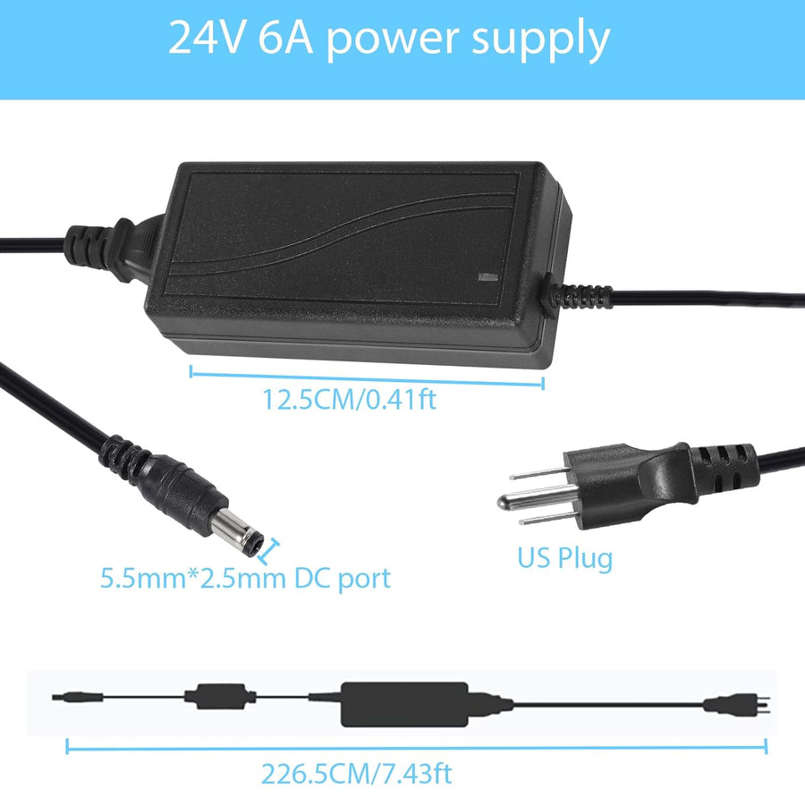 Outdoor Landscape Lighting LED 12V Low Voltage LED Strip Lights 24V 6A 144W Power Supply, LED Strip Adapter, 100-240V AC to 24V DC Transformer with DC Output Jack for Neon Rope Light Compatible with 5.5mmx2.5mm, LED Light