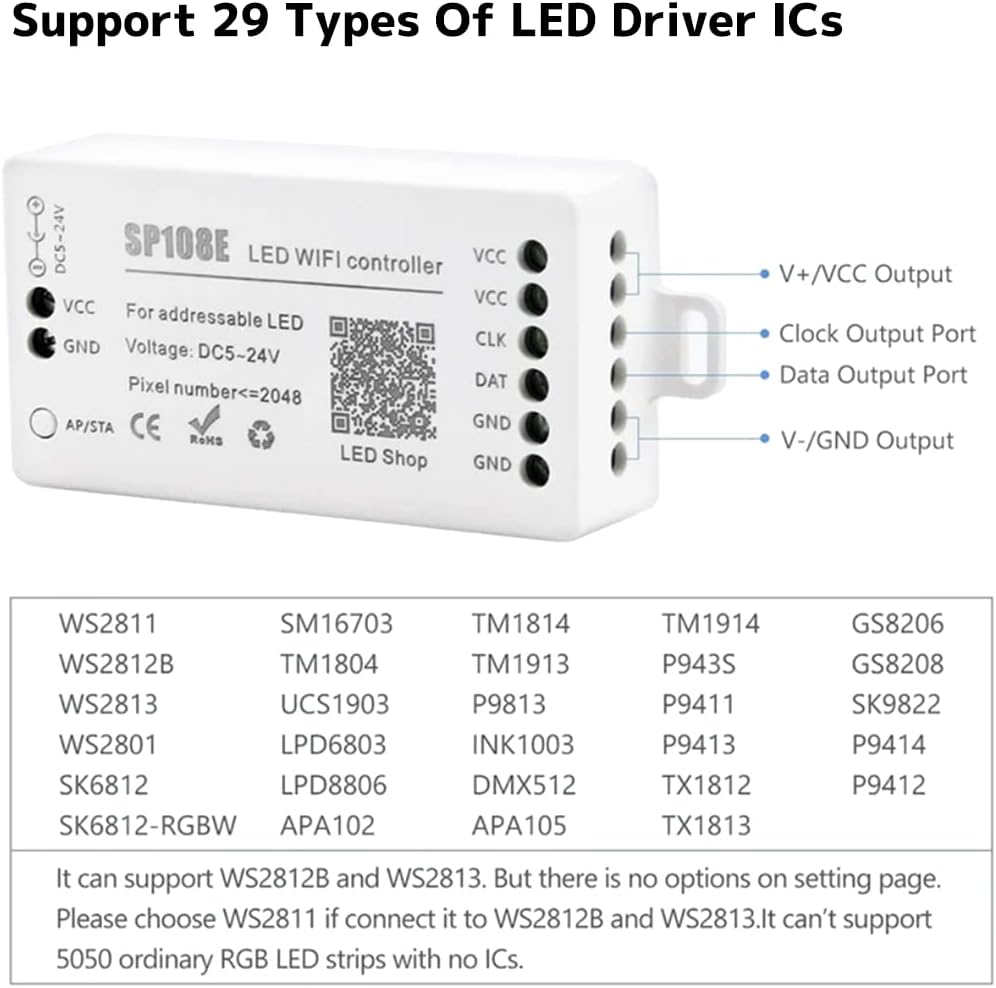 Outdoor Landscape Lighting LED 12V Low Voltage SP108E Smart Wi-Fi Magic RGB Addressable LED Controller Support WS2812B, WS2813B, etc. For LED Strip Light RGB-IC