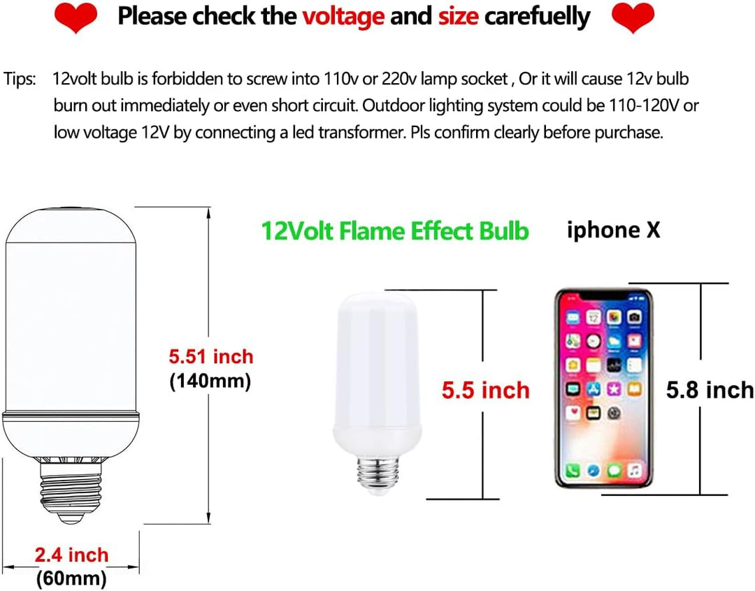 Outdoor Landscape Lighting LED 12V Low Voltage 2-Pack Flame Light AC/DC LED E26 Standard Base Light Bulbs Energy Saving Light Bulb Tiki Torch for Holiday, Halloween, RV, Landscape and Post Lighting Package