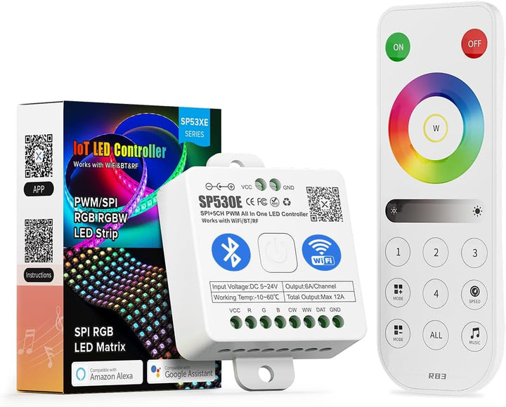 Outdoor Landscape Lighting LED 12V Low Voltage SP530E Smart Wi-Fi and Bluetooth RGB Addressable LED Controller Compatible with Alexa and Google Assistant, Support WS2811, WS2812B, WS2815, SK6812 and More SP530E Wi-Fi Bluetooth + RB3 RGB RGBW Remote (+$16)
