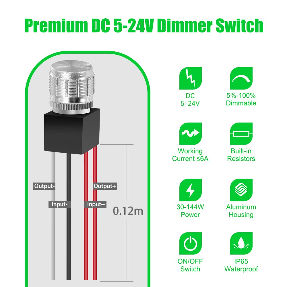 Outdoor Landscape Lighting LED 12V Low Voltage 5V to 24V 6A Low Voltage LED Dimmer Switch - Rotary Knob PWM Dimming for Strip & Landscape Lights