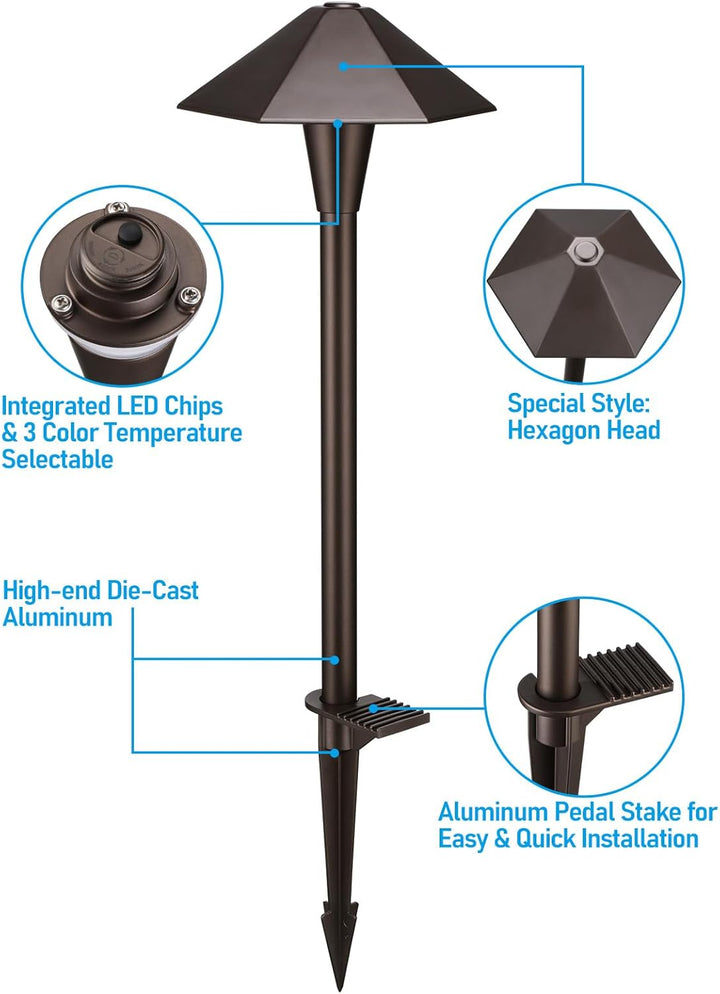 Outdoor Landscape Lighting LED 12V Low Voltage CDPAL03 Ombrello Spigoloso LED Landscape 3CCT Pathway Lights, 3000K/4000K/5000K, 5W 12-24V AC/DC Low Voltage Oil-Rubbed Bronze Hexagonal Outdoor Landscape Lighting