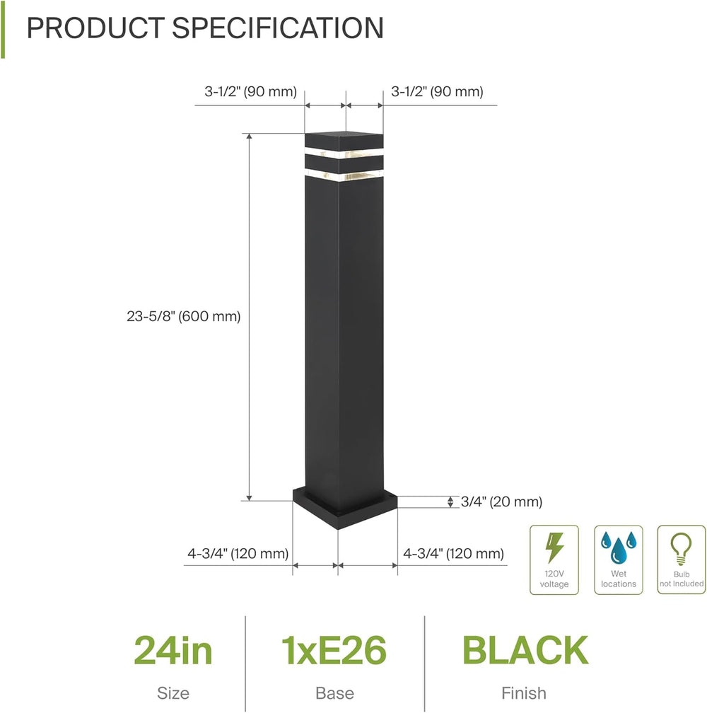 Outdoor Landscape Lighting LED 12V Low Voltage BPLA10 24" 120V Line Voltage E26 Socket Black Aluminum Square Bollard Path Light Outdoor Lighting