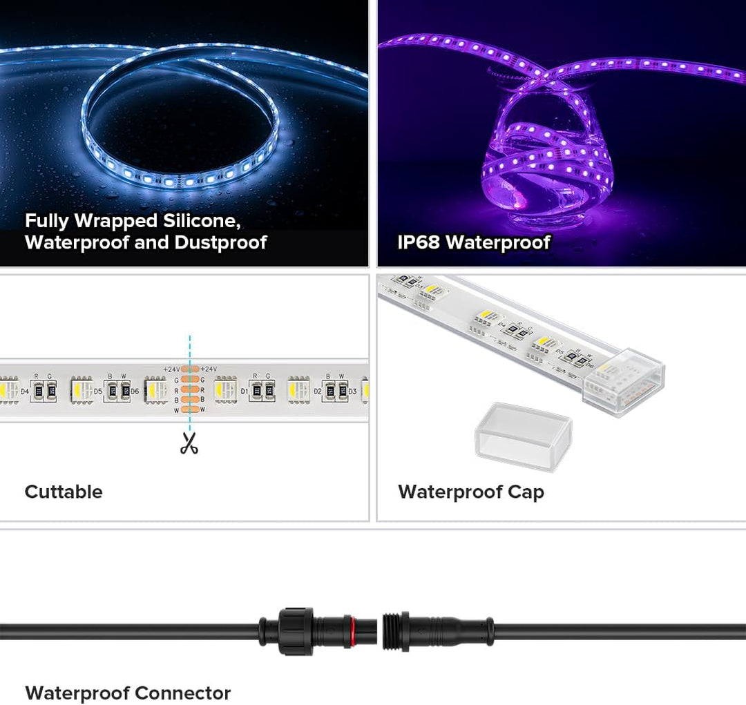Outdoor Landscape Lighting LED 12V Low Voltage SL06 7.3W/ft 14mm Strip Light RGB + Warm White 3000K-3500K or Cool White 6000K-7000K 5050 DC24V Low Voltage LED Outdoor IP68 Submersible UL SMD Tape Light with Black or White PCB