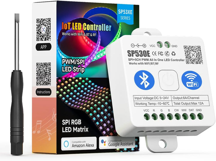 Outdoor Landscape Lighting LED 12V Low Voltage SP530E Smart Wi-Fi and Bluetooth RGB Addressable LED Controller Compatible with Alexa and Google Assistant, Support WS2811, WS2812B, WS2815, SK6812 and More SP530E Wi-Fi Bluetooth Controller Only