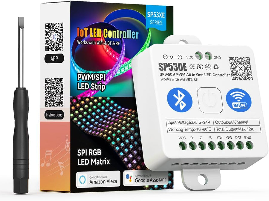 Outdoor Landscape Lighting LED 12V Low Voltage SP530E Smart Wi-Fi and Bluetooth RGB Addressable LED Controller Compatible with Alexa and Google Assistant, Support WS2811, WS2812B, WS2815, SK6812 and More SP530E Wi-Fi Bluetooth Controller Only