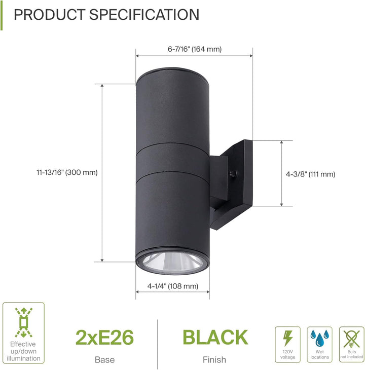 Outdoor Landscape Lighting LED 12V Low Voltage SCSH02 120V Line Voltage LED Aluminum Cylinder Up Down Light 2 Directional Sconce Lighting Medium Base Sockets