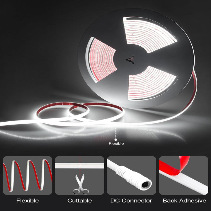 Outdoor Landscape Lighting LED 12V Low Voltage SLN09 Dotless 3.64W/ft COB Neon LED 16.4FT (5M) / 32.8FT (10M) Strip Light DC24V 60W/120W IP68, 8mm Outdoor Rated Dimmable Low Voltage Silicone Strip Light 6500K Cool White