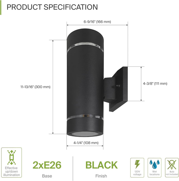 Outdoor Landscape Lighting LED 12V Low Voltage SCSH02 120V Line Voltage LED Aluminum Cylinder Up Down Light 2 Directional Sconce Lighting Medium Base Sockets