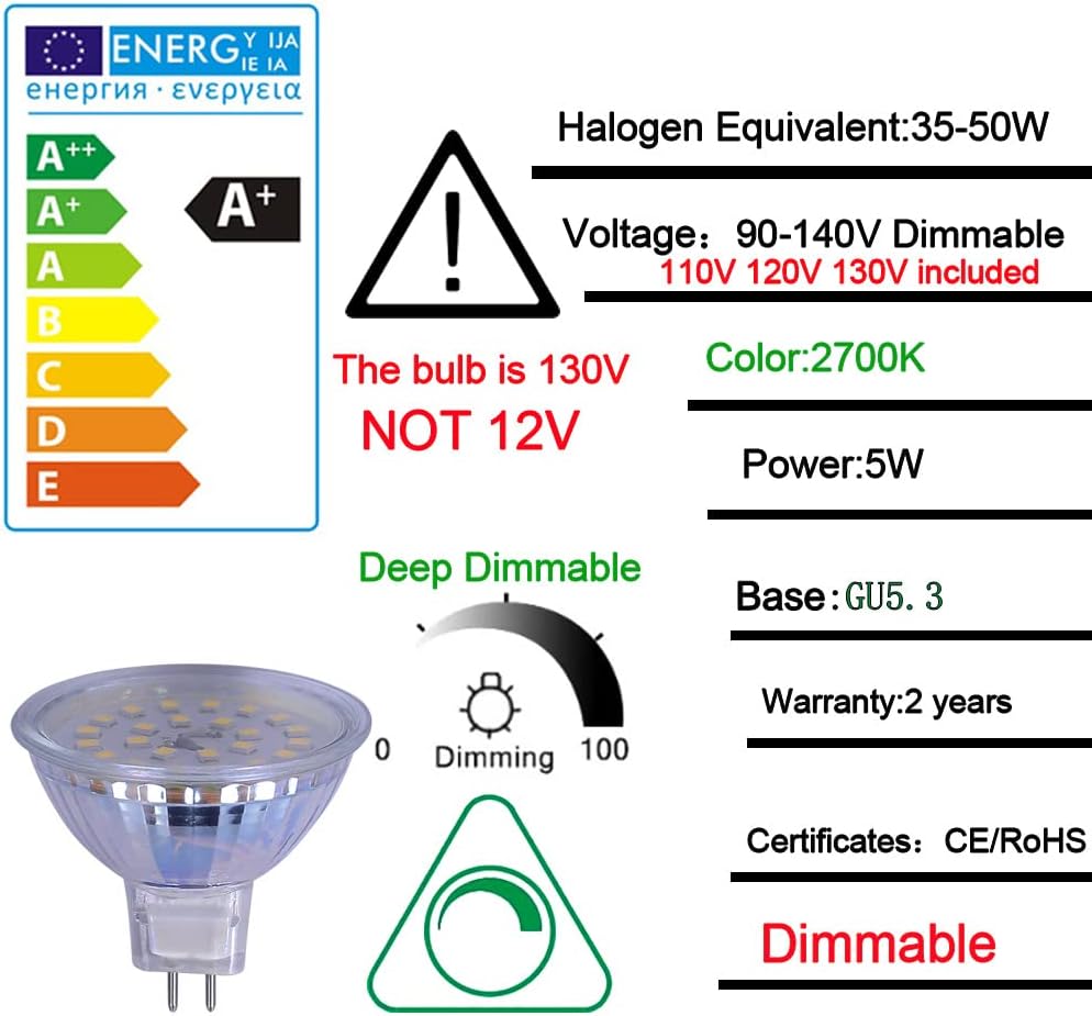 Outdoor Landscape Lighting LED 12V Low Voltage 4-Pack MR16 5W 110V-130V GU5.3 LED Bulbs Dimmable Energy Saving Light 120 Degree Beam Angle 120V Line Voltage