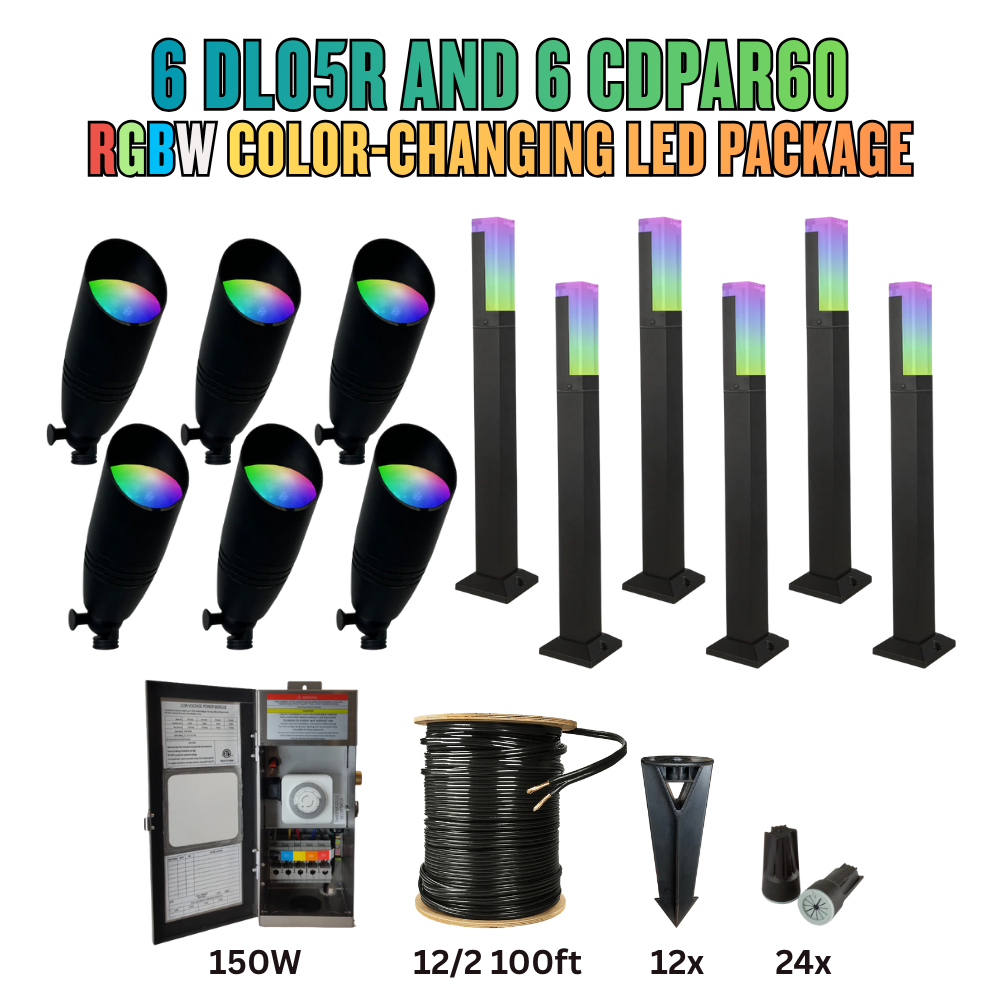 Outdoor Landscape Lighting LED 12V Low Voltage RGBW Color Changing LED Holiday Package: (6) Spotlight and (6) Path Lights with Wires and Connectors 6 DL05R Spotlights + 6 CDPAR60 Path Lights