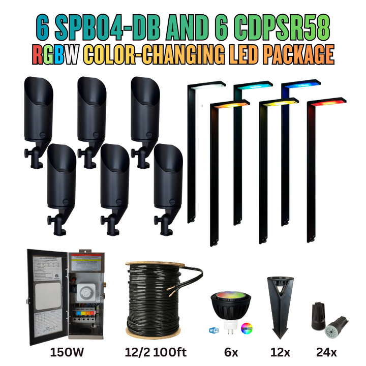 Outdoor Landscape Lighting LED 12V Low Voltage RGBW Color Changing LED Holiday Package: (6) Spotlight and (6) Path Lights with Wires and Connectors 6 SPB04 Spotlights + 6 CDPSR58 Path Lights