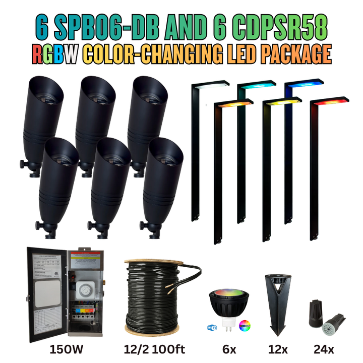 Outdoor Landscape Lighting LED 12V Low Voltage RGBW Color Changing LED Holiday Package: (6) Spotlight and (6) Path Lights with Wires and Connectors 6 SPB06 Spotlights + 6 CDPSR58 Path Lights