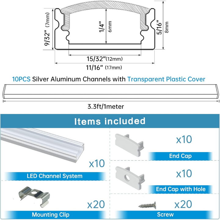 Outdoor Landscape Lighting LED 12V Low Voltage AC11 U-Shaped Rectangular Aluminum Channel with Transparent Clear Plastic Cover 3.3FT/1M or 6.6ft/2M For Max 12mm Width LED Strip Lights Pack of 6/10/20