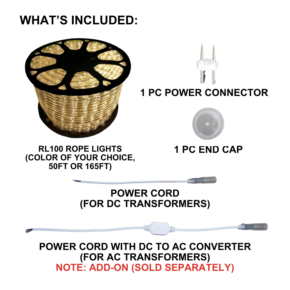 Outdoor Landscape Lighting LED 12V Low Voltage RL100 LED DC12V Low Voltage Rope Lights Outdoor IP65 3000K, 5000K, Multi Color RGB, Pink, Purple, Red, Yellow, Blue, Green (AC Converter Available)