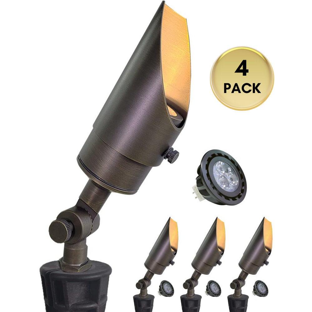 Outdoor Landscape Lighting LED 12V Low Voltage SPBA13 MR16 Brass Spotlight Package with Adjustable Shroud 12V AC/DC Low Voltage Outdoor Lighting with 5W 2700K Warm White Bulb 4 Pack with 5W 2700K MR16 Bulb