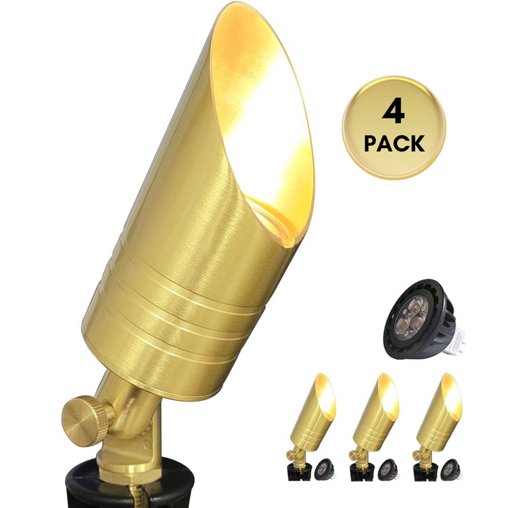 Outdoor Landscape Lighting LED 12V Low Voltage SPBA18 MR16 Golden Brass Spotlight Package 12V AC/DC Low Voltage Outdoor Lighting with 5W 2700K Warm White Bulb 4 Pack with 5W 2700K MR16 Bulb