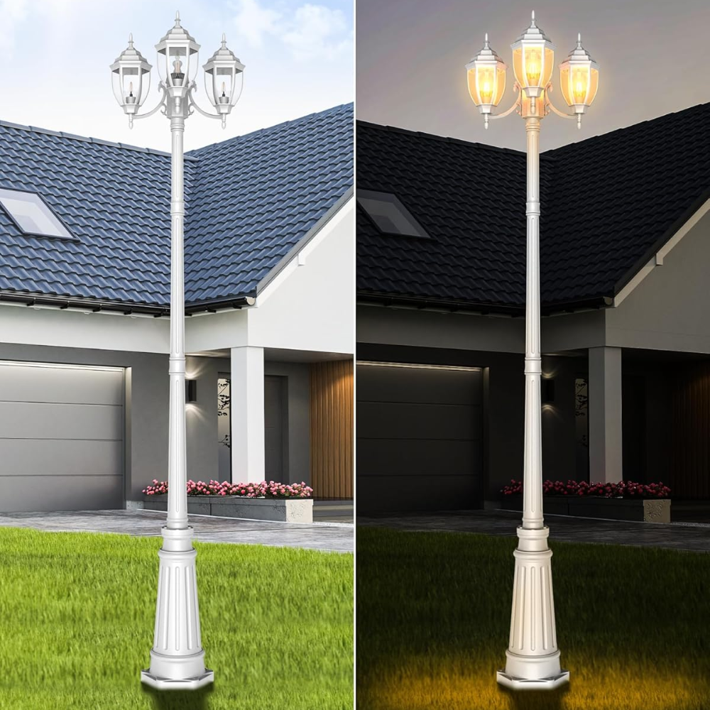 Outdoor Landscape Lighting LED 12V Low Voltage PLH02 Classic Black or White Aluminum 3-Head Post Light 92.5" Pole with Glass Panels 3 E26 Base Medium Base Socket 120V with for Garden, Exterior Lighting