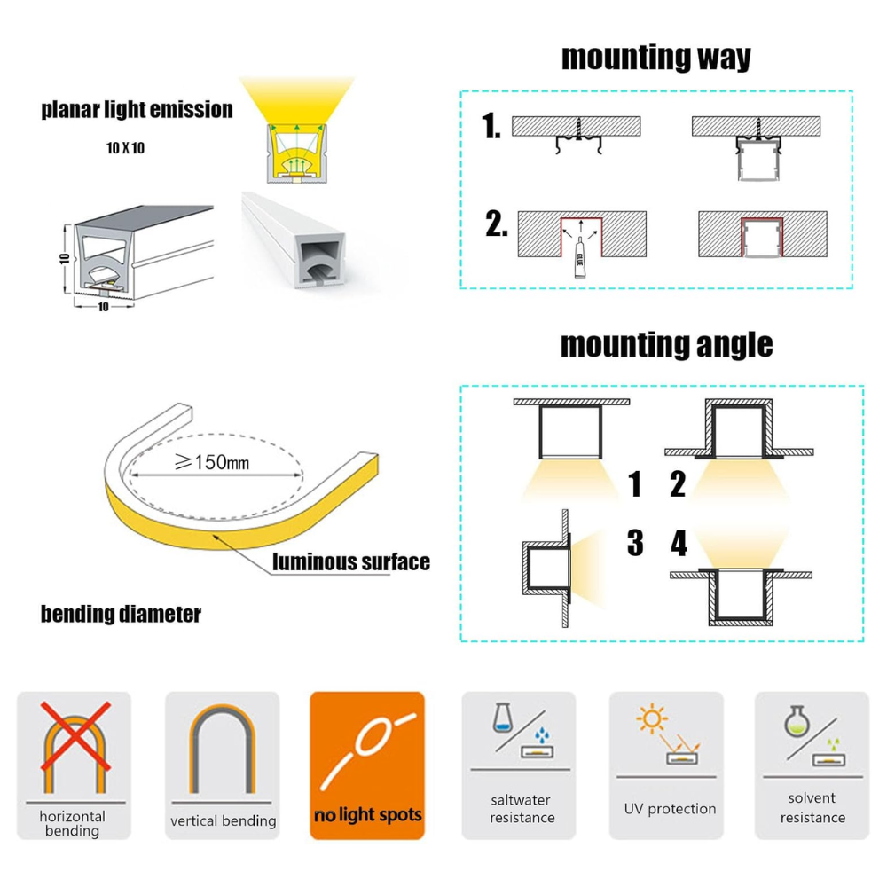 Outdoor Landscape Lighting LED 12V Low Voltage SLN12 Dotless Neon Soft Silicone Vertical Bending LED Strip Light 10x10mm 2.44W/ft DC12V/DC24V IP68 16.4ft with Screws and Mounting Clips