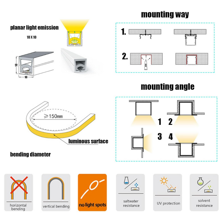 Outdoor Landscape Lighting LED 12V Low Voltage SLN12 Dotless Neon Soft Silicone Vertical Bending LED Strip Light 10x10mm 2.44W/ft DC12V/DC24V IP68 16.4ft with Screws and Mounting Clips