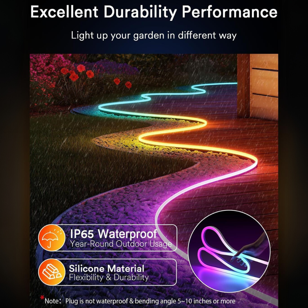 Outdoor Landscape Lighting LED 12V Low Voltage SLNR06 Dotless COB Smart Wi-Fi RGBAICW Neon LED Strip Light DC24V IP65 Outdoor Rated Dimmable Low Voltage Silicone Strip Light with Mounting Clips, Screws, Power Adapter and Remote Control