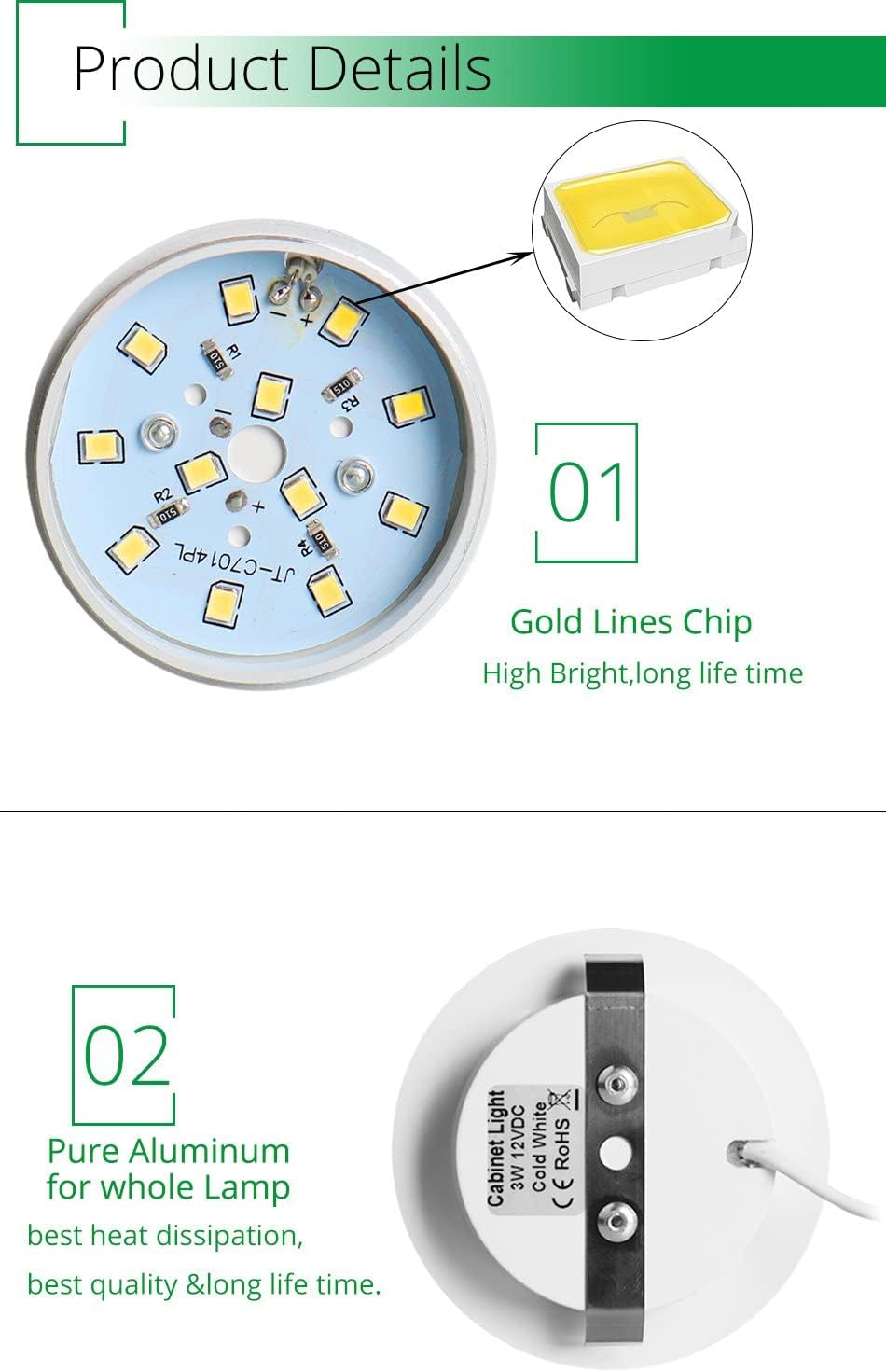 Outdoor Landscape Lighting LED 12V Low Voltage CBA02 2-Pack 12V 3W Round LED Dimmable Aluminum Recessed Cabinet Light Fixture