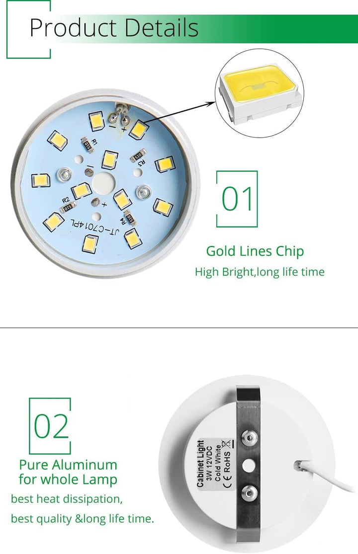 Outdoor Landscape Lighting LED 12V Low Voltage CBA02 2-Pack 12V 3W Round LED Dimmable Aluminum Recessed Cabinet Light Fixture