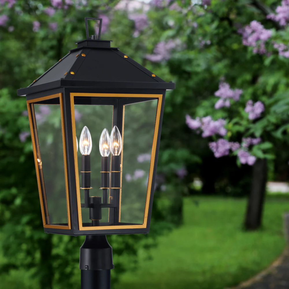 Outdoor Landscape Lighting LED 12V Low Voltage Hawkins 4 Light Outdoor Post Light 12"x25" Stainless Steel and Glass Matte Black with Textured Gold Finish 120V 4 E12 Candelabra Base LED Bulb Sockets Casual Farmhouse Lantern for Patio, Garden, Exterior Posts