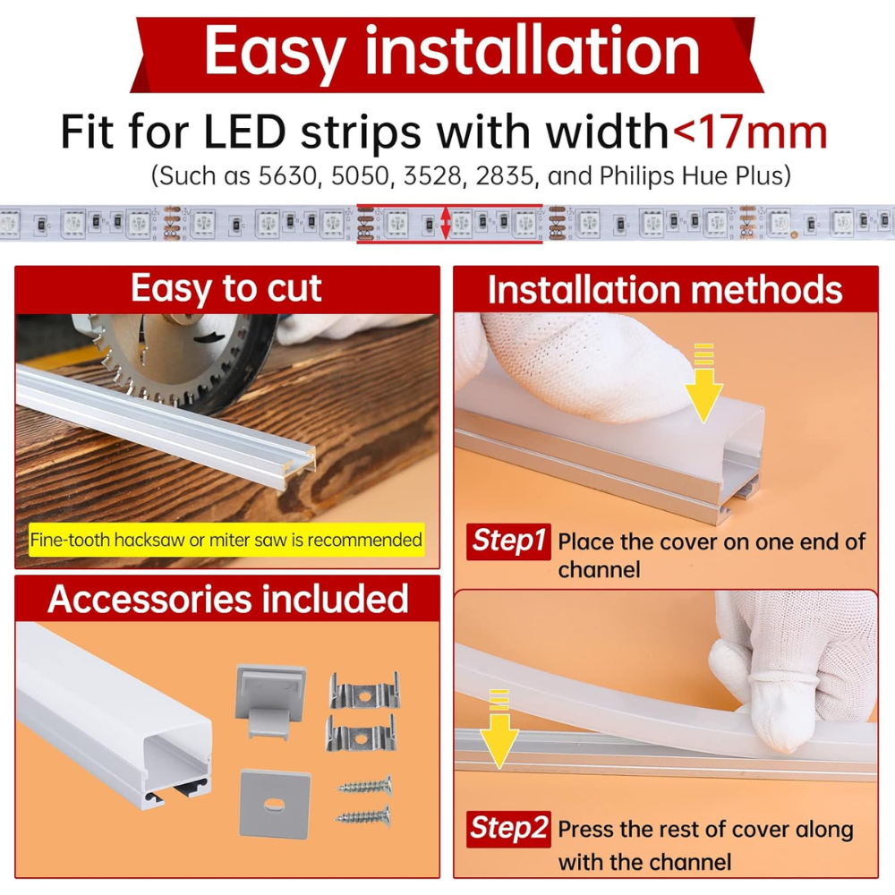 Outdoor Landscape Lighting LED 12V Low Voltage AC15 Spotless Aluminum Channel with Hanging Wire 3.3FT/1M For Max 17mm Width LED Strip Lights Pack of 5 and 10