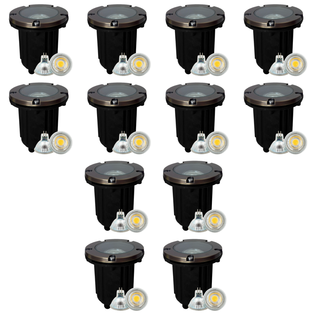 Outdoor Landscape Lighting LED 12V Low Voltage UNB04 4x/8x/12x Package Cast Brass 12V Low Voltage Round LED In-Ground Well Light IP65 Waterproof with MR16 5W 3000K Bulb Natural Brass 12 Pack