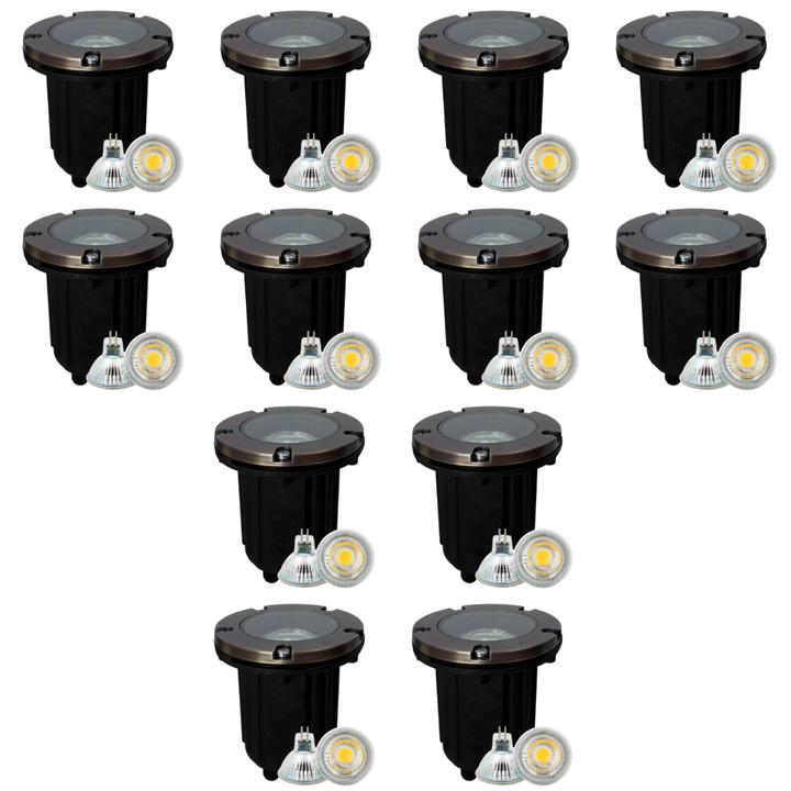 Outdoor Landscape Lighting LED 12V Low Voltage UNB04 4x/8x/12x Package Cast Brass 12V Low Voltage Round LED In-Ground Well Light IP65 Waterproof with MR16 5W 3000K Bulb Natural Brass 12 Pack