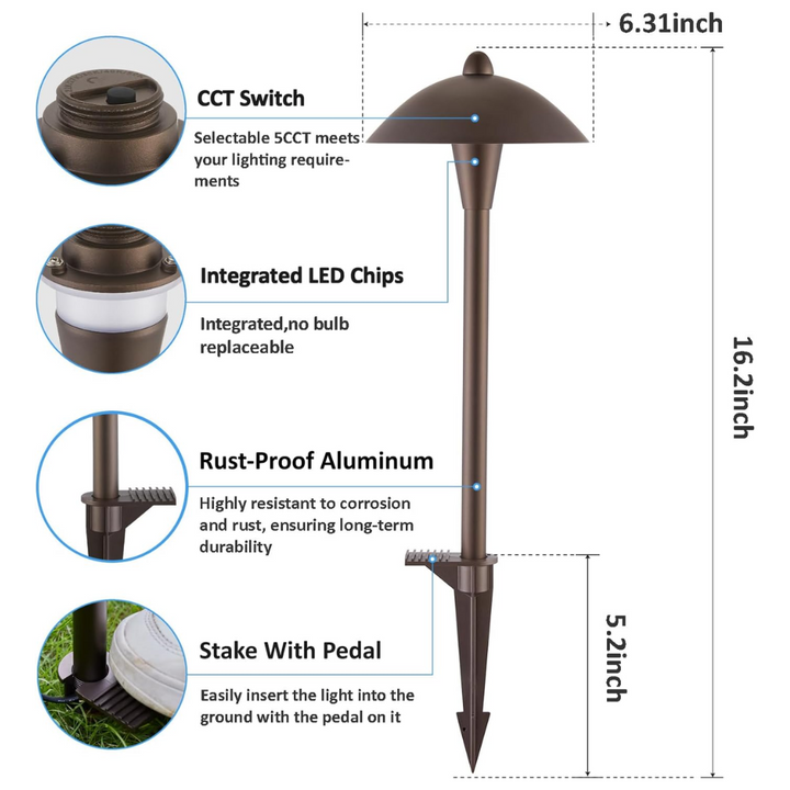 Outdoor Landscape Lighting LED 12V Low Voltage ALPCC10 6-Pack 5W Selectable 5CCT 2200K/2700K/3000K/4000K/5000K LED Landscape Bronze Pathway Light Package, 12V-24V AC/DC Low Voltage Path Lights