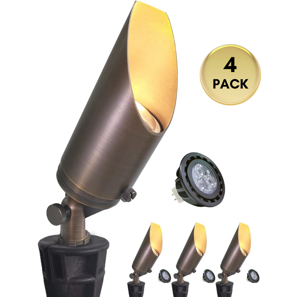 Outdoor Landscape Lighting LED 12V Low Voltage SPBA14 MR16 Brass Spotlight Package with Adjustable Shroud 12V AC/DC Low Voltage Outdoor Lighting with 5W 2700K Warm White Bulb 4 Pack with 5W 2700K MR16 Bulb