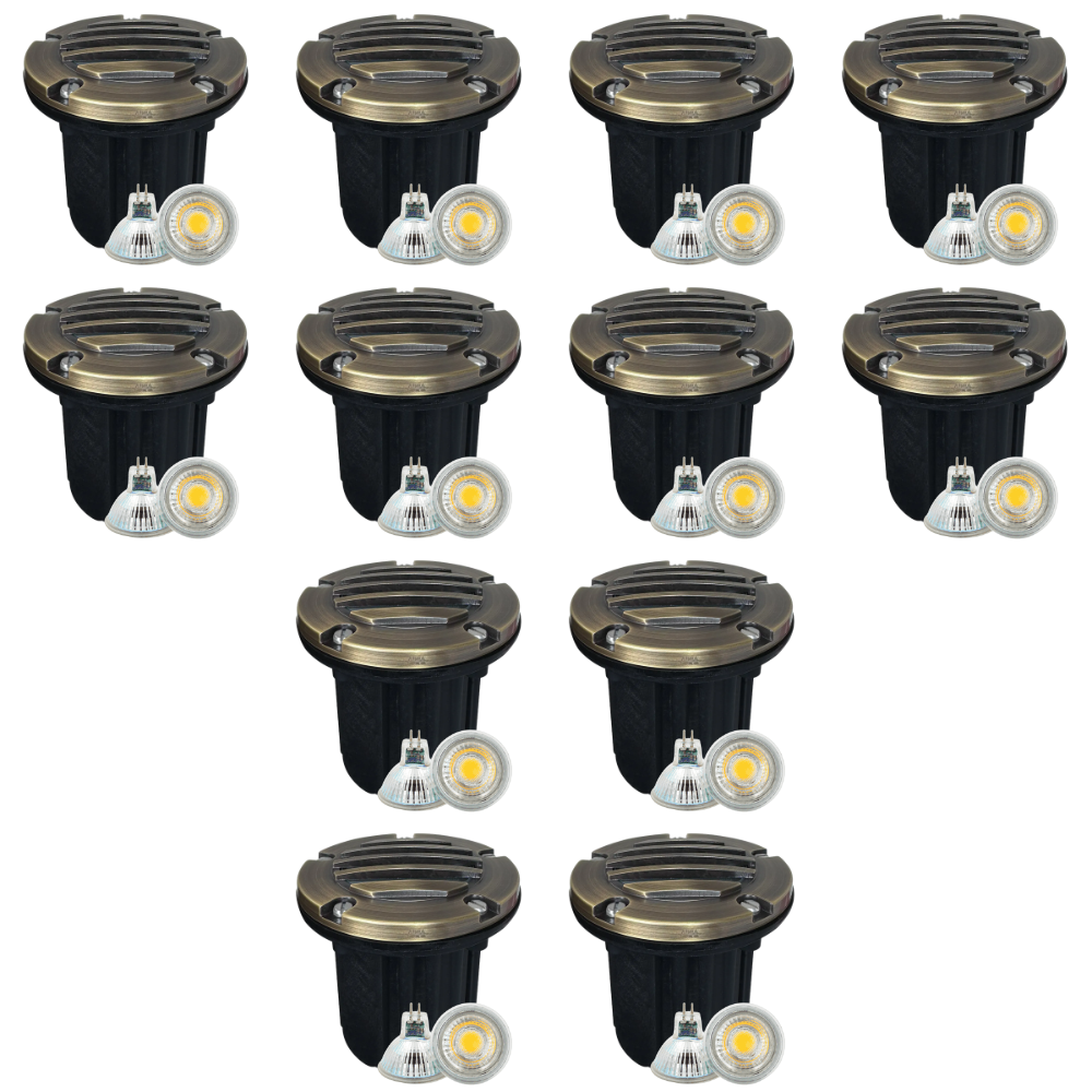 Outdoor Landscape Lighting LED 12V Low Voltage UNB06 4x/8x/12x Package Cast Brass 12V Low Voltage Round Grill LED In-Ground Well Light IP65 Waterproof with MR16 5W 3000K Bulb Natural Brass 12 Pack