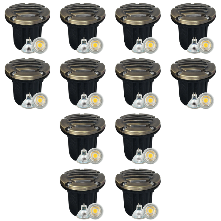 Outdoor Landscape Lighting LED 12V Low Voltage UNB06 4x/8x/12x Package Cast Brass 12V Low Voltage Round Grill LED In-Ground Well Light IP65 Waterproof with MR16 5W 3000K Bulb Natural Brass 12 Pack