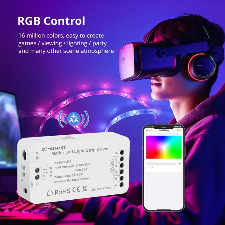 Outdoor Landscape Lighting LED 12V Low Voltage ZML3 Matter Over WiFi LED Strip Light Controller RGBCW - Smart LED Driver Compatible with Alexa, Google Home, and Apple Home App