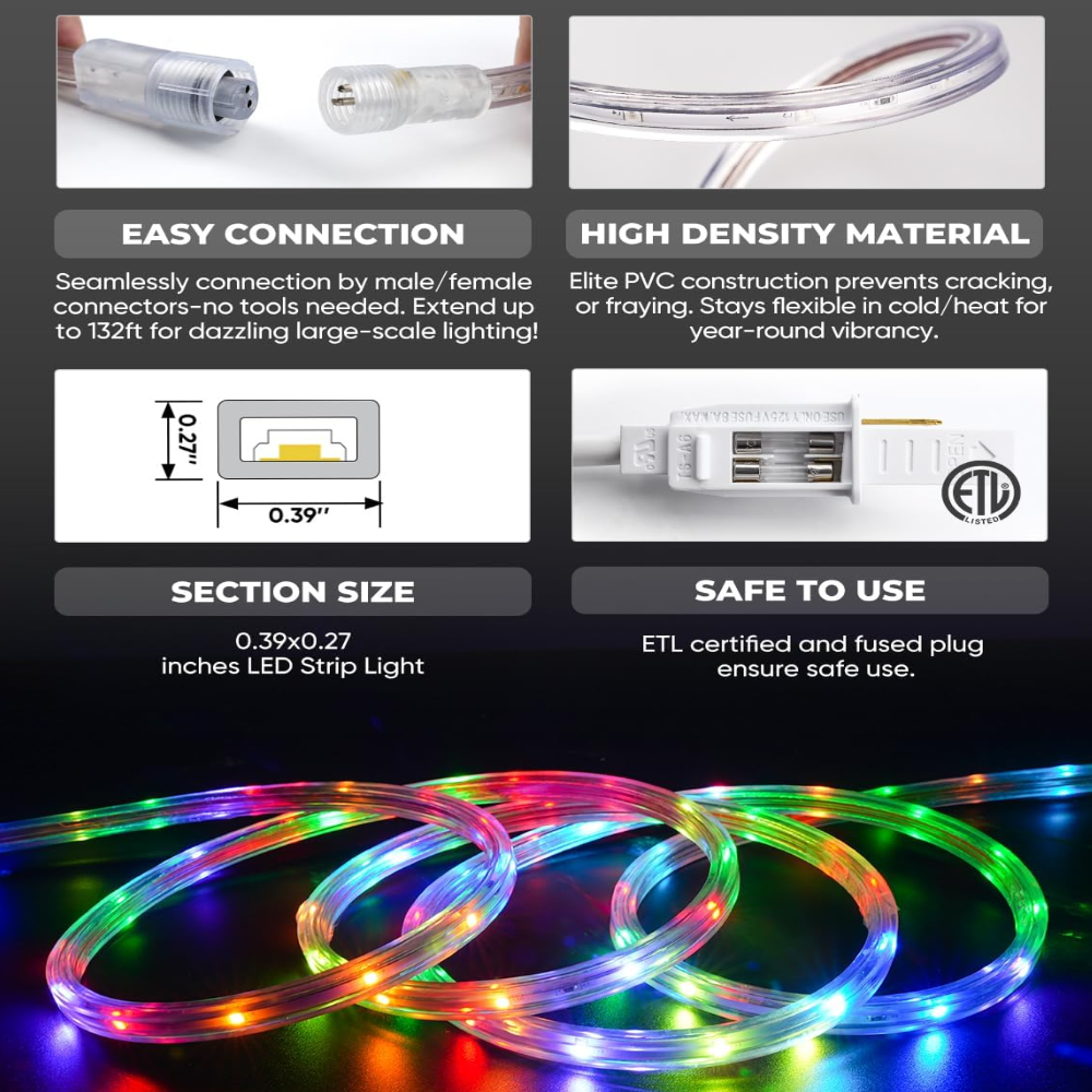 Outdoor Landscape Lighting LED 12V Low Voltage SLNR16 Dotted Neon RGBIC+CCT LED Strip Light 110V IP65 Outdoor Rated Dimmable High Voltage Flat Flexible Strip Light , Mounting Brackets, End Cap, Screws, Remote Control and Power Supply