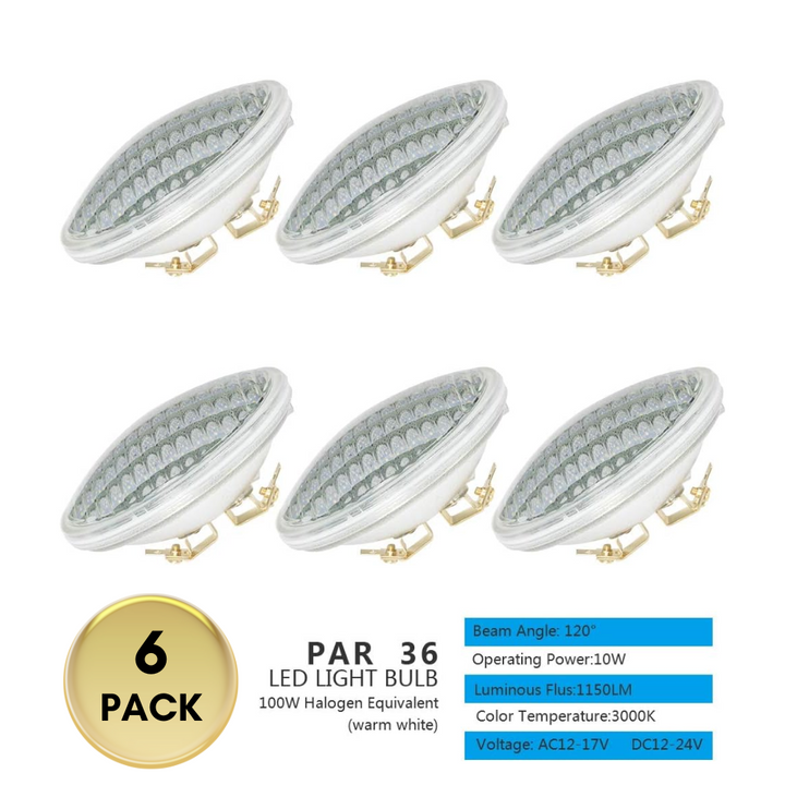 Outdoor Landscape Lighting LED 12V Low Voltage PAR36 Package Outdoor Landscape LED Bulbs Waterproof Flood Light Fixture 6 Pack 10W 3000K 120° 1150LM 12-24V