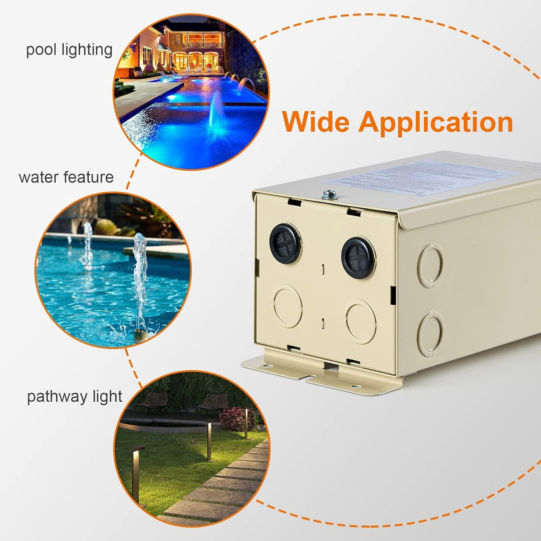 Outdoor Landscape Lighting LED 12V Low Voltage TSWP2 100W/300W AC Pool Rated 12V/13V/14V Multi-Tap, Low Voltage Outdoor Metal Transformer