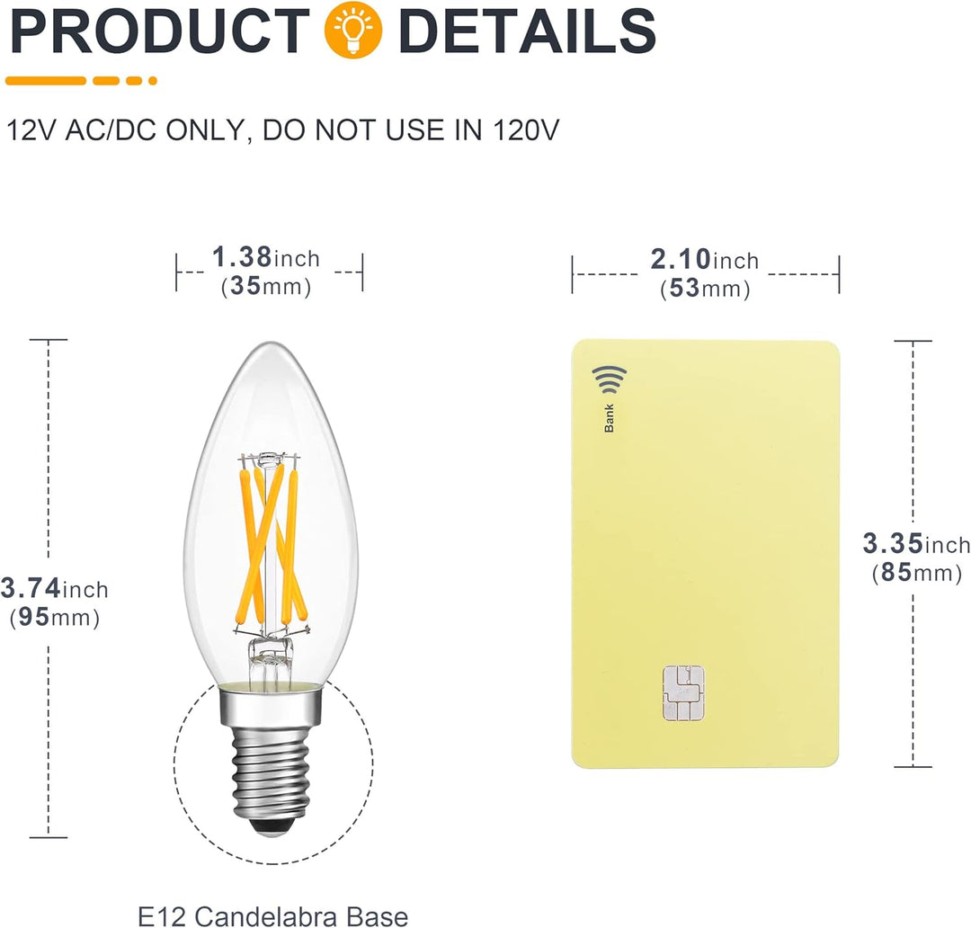 Outdoor Landscape Lighting LED 12V Low Voltage E12 4W Filament 12V AC/DC Candelabra and Small Base Package Low Voltage LED Light Bulbs Dimmable Energy Saving Light Bulb