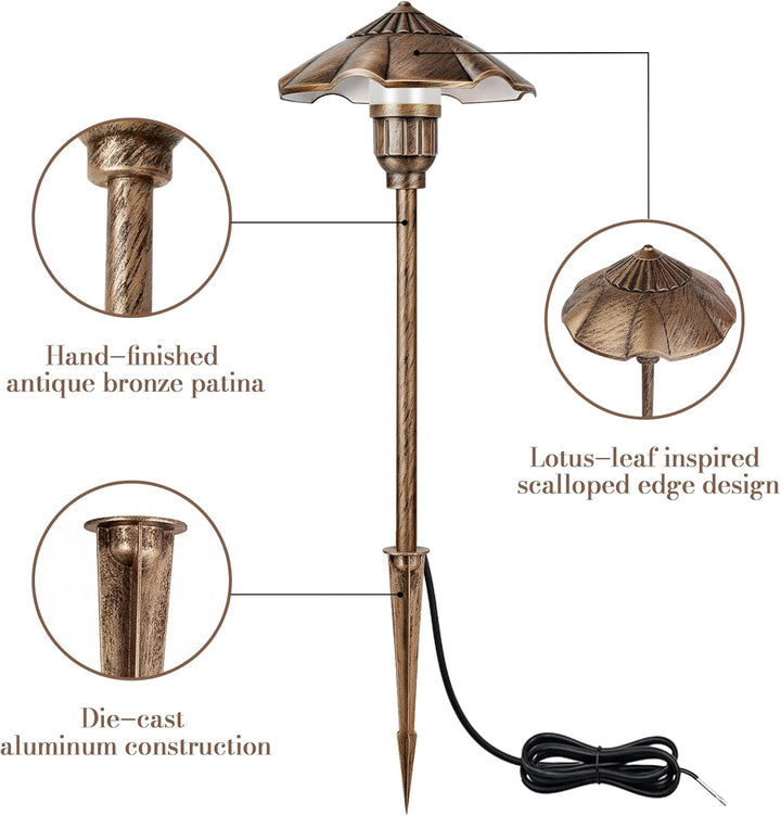 Outdoor Landscape Lighting LED 12V Low Voltage ALP04 4- and 6-Pack 12V Low Voltage 5W 200LM 2900K Warm White LED Landscape Lighting, Oil-Rubbed Bronze Umbrella Pathway Light Package, Die-Cast Aluminum, IP65 Waterproof
