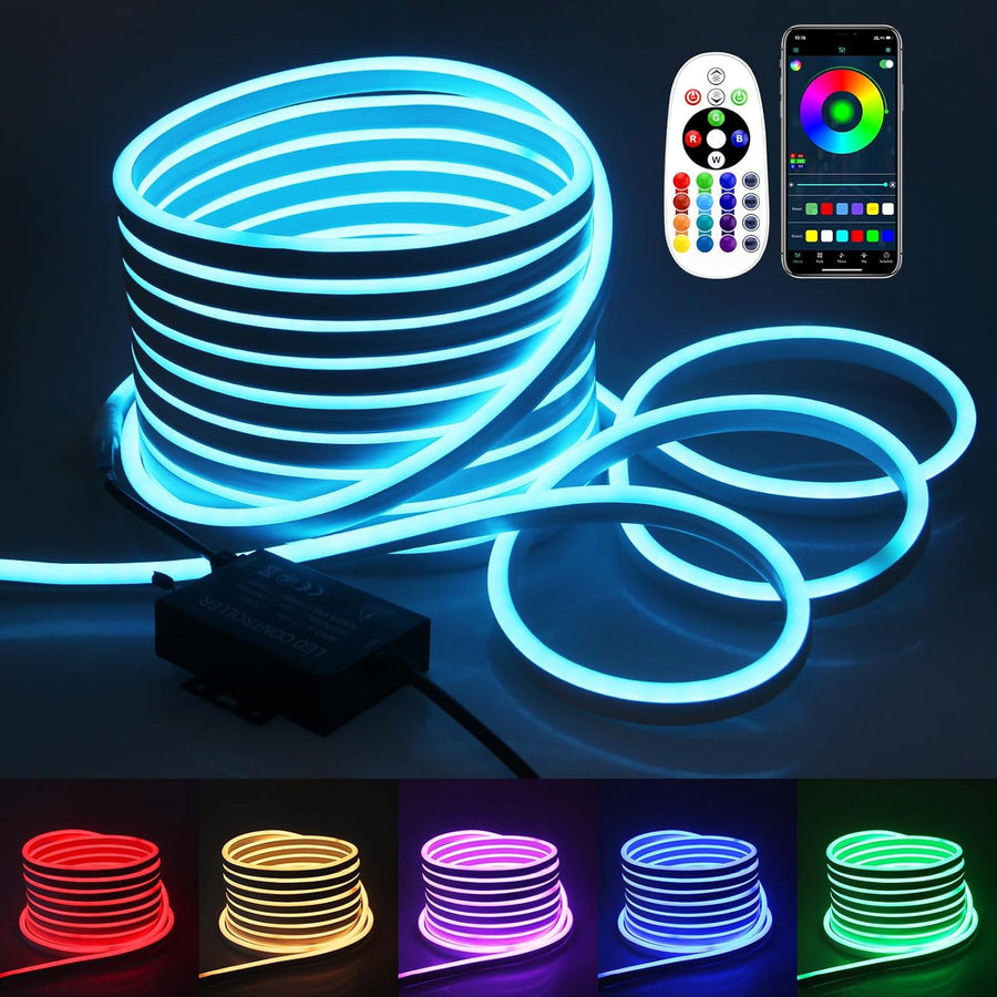 Outdoor Landscape Lighting LED 12V Low Voltage SLNR10 Dotless COB Neon LED Strip Light 110-130V IP67 Outdoor Rated Dimmable High Voltage Silicone Strip Light with Mounting Clips, Screws, Power Adapter with Dimmer and Remote Control RGB (Smart Bluetooth)