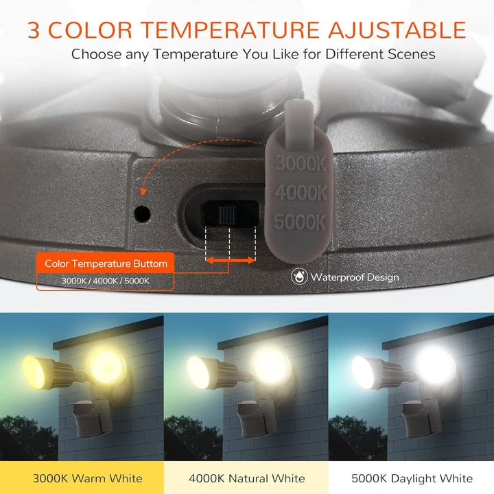 Outdoor Landscape Lighting LED 12V Low Voltage 27.5W Wired Outdoor Brown LED Floodlight, 120V 3CCT 3000K/4000K/5000K Tunable Motion-Sensor Security Light 2500LM, IP65