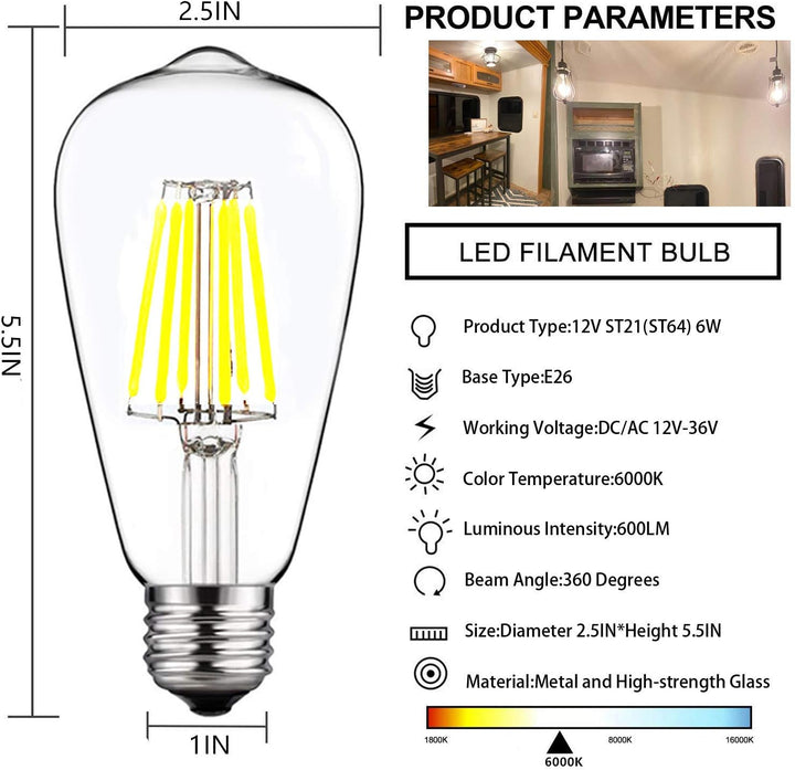 Outdoor Landscape Lighting LED 12V Low Voltage E26 6W 12V-36V 2700K/3000K/6000K AC/DC LED Filament Edison Bulbs Package Dimmable Energy Saving Low Voltage Light Bulb