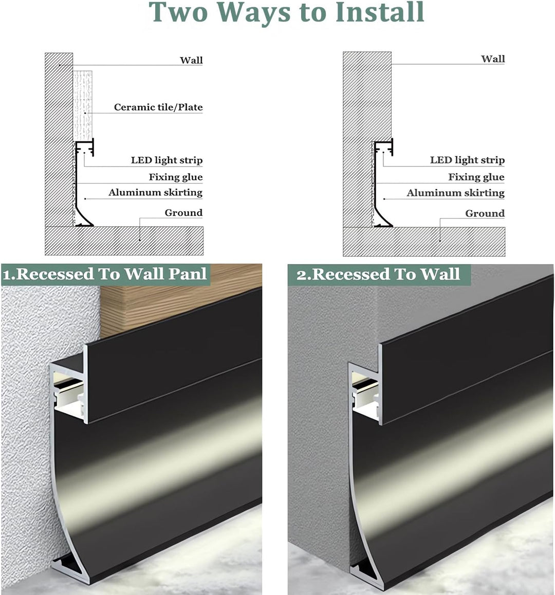 Outdoor Landscape Lighting LED 12V Low Voltage AC14 Skirting Board Black Aluminum Channel with White Frosted Plastic Cover 3.3FT/1M For Max Inner 10.7mm Width LED Strip Lights Pack of 7/10/20