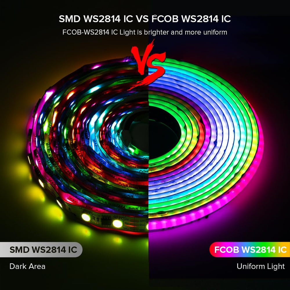 Outdoor Landscape Lighting LED 12V Low Voltage SLD28 Dotless COB Smart RGBW-IC WS2814 784LED/M 14IC/M 7.31W/ft Addressable Color Flowing LED Strip Light DC24V Low Voltage Strip Light 10mm IP20 for Indoor and 12mm IP66 Waterproof
