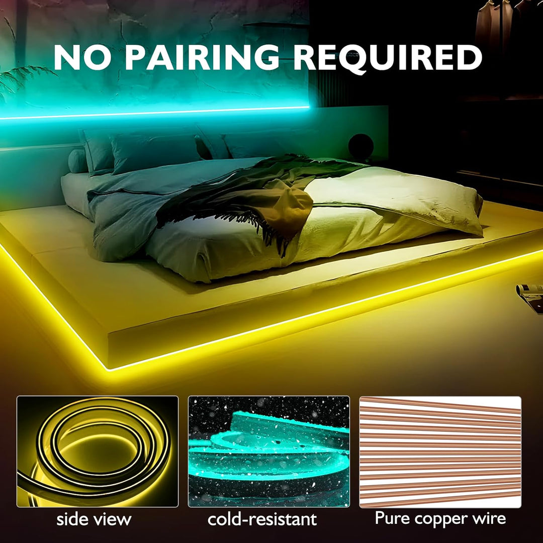 Outdoor Landscape Lighting LED 12V Low Voltage SLNR12 Dotless Neon RGB 5000K 16 Colors and 4 Modes 2.59W/f LED Strip Light 110V IP65 Outdoor Rated Dimmable High Voltage Silicone Strip Light Screws, Mounting Aluminum Clamps, End Cap, Screws, Remote Control and Power Cable