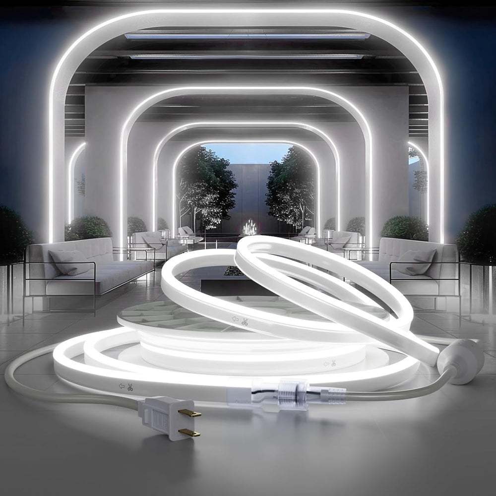 Outdoor Landscape Lighting LED 12V Low Voltage SLN07 Dotless Neon LED Strip Light 8x16mm 110-130V 1.92W/ft IP65 Outdoor Rated Dimmable High Voltage Silicone Strip Light with Aluminum Clamps, Screws, End Cap and Power Cable 5000K Daylight White